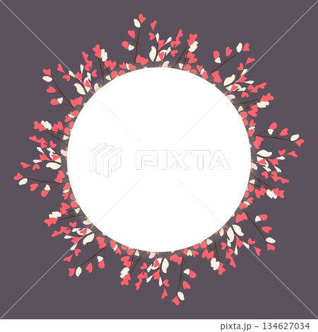 Round floral frame with heart leaves branches 134627034