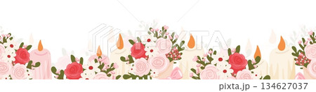 Floral candle border with roses and daisies 134627037
