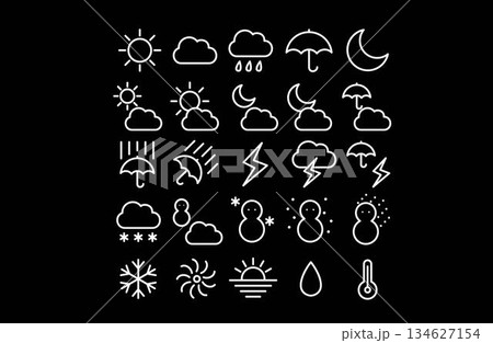 シンプル天気アイコンセット 線 白 シンプル天気アイコンセット 線 白 134627154