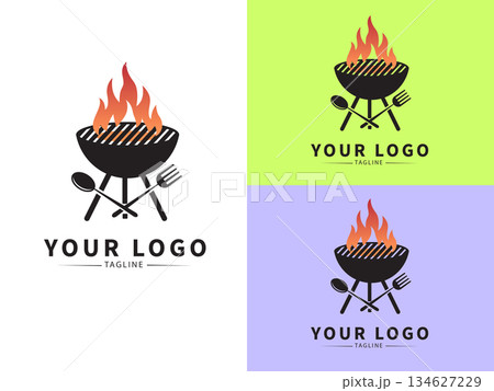 Grill Logo Design: A versatile and minimalist logo design featuring a black silhouette of a grill with flames, a spoon and fork. The design is suitable for various applications. Grill Logo Design: A versatile and minimalist logo design featuring a black silhouette of a grill with flames, a spoon and fork. The design is suitable for various applications. 134627229