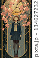 金箔が輝く夜桜と女子高校生のステンドグラス風アート｜新年と春の始まりを感じる上品な縦型デザイン 134627232