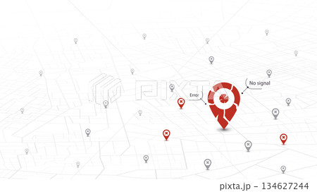 Error with maps navigation with red color point markers. Navigation system broke. Vector illustration on white background Error with maps navigation with red color point markers. Navigation system broke. Vector illustration on white background 134627244