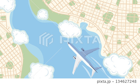Around the world. Panoramic scenery top view with flight airplane Plane flying over cityscape, natural landscape surrounded by clouds. Vector flat illustration Around the world. Panoramic scenery top view with flight airplane Plane flying over cityscape, natural landscape surrounded by clouds. Vector flat illustration 134627248