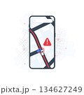 Accident on road and your route. Online mobile application track closed turns on road, highway disruptions and traffic detours on map. Location tracks dashboard. Vector illustration 134627249