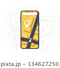 Online mobile application order taxi service. Taxi mobile app icon includes smartphone, road on the screen. Location with GPS map. Vector illustration with city map background 134627250