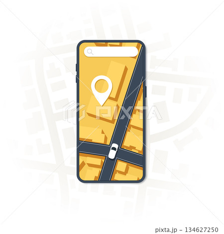 Online mobile application order taxi service. Taxi mobile app icon includes smartphone, road on the screen. Location with GPS map. Vector illustration with city map background Online mobile application order taxi service. Taxi mobile app icon includes smartphone, road on the screen. Location with GPS map. Vector illustration with city map background 134627250