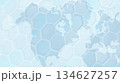 Map of the world on a hexagon background. Map light blue color, covered in various countries and cities. Vector flat illustration 134627257