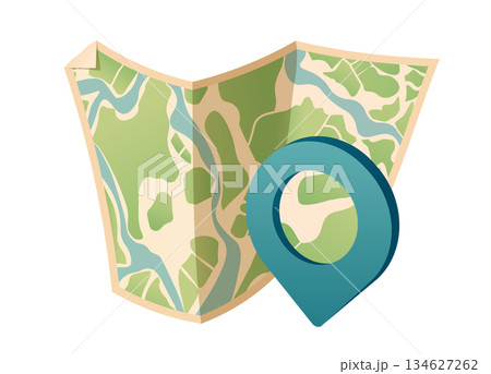Paper map with giant pointer, GPS navigator. Geography distance plan. Navigation concept. Isolated vector illustration on white background 134627262