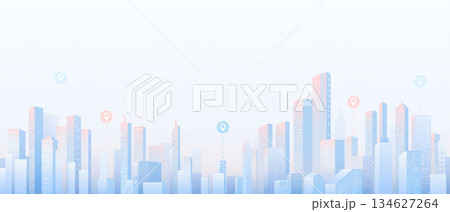 City panorama with series of modern, tall skyscrapers. Abstract horizontal background cityscape with POIs top on it. Buildings of business district. Vector illustration City panorama with series of modern, tall skyscrapers. Abstract horizontal background cityscape with POIs top on it. Buildings of business district. Vector illustration 134627264
