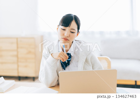 オンラインで勉強をする難しい顔の高校生 オンラインで勉強をする難しい顔の高校生 134627463
