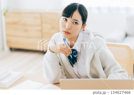 オンラインで勉強をする難しい顔の高校生 オンラインで勉強をする難しい顔の高校生 134627466