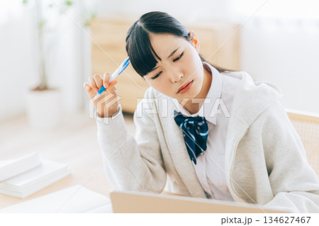 オンラインで勉強をする難しい顔の高校生 オンラインで勉強をする難しい顔の高校生 134627467