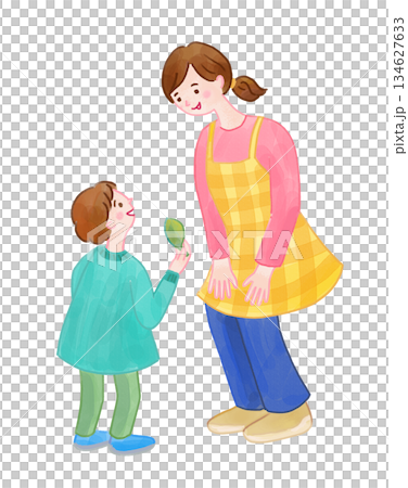 一位穿著圍裙的女子蹲著聽孩子說故事。 134627633