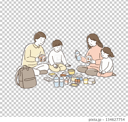 防災用品を準備する家族のイラスト 134627754