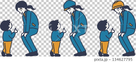 Female worker in blue uniform explaining to children Female worker in blue uniform explaining to children 134627795