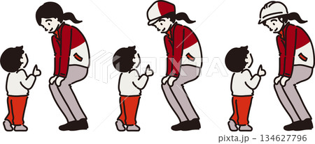 子どもに説明する女性作業員 赤い制服 子どもに説明する女性作業員 赤い制服 134627796