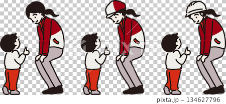 子どもに説明する女性作業員 赤い制服 子どもに説明する女性作業員 赤い制服 134627796