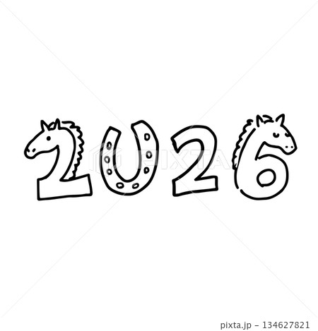 馬の顔と馬蹄で構成された「2026」デザインの午年イラスト 134627821