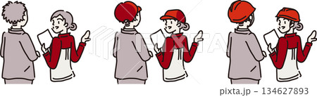 来客に説明する女性作業員　赤い制服 134627893