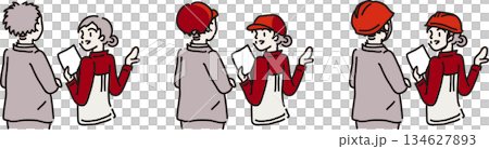 来客に説明する女性作業員　赤い制服 134627893