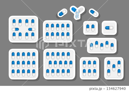 big colored set different types of pills inside close blister 134627940