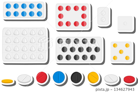 Big colored set different types of pills inside close blister Big colored set different types of pills inside close blister 134627943