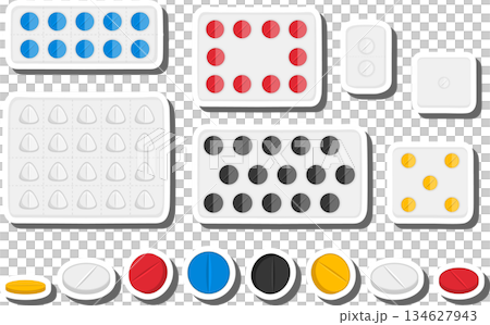 Big colored set different types of pills inside close blister Big colored set different types of pills inside close blister 134627943