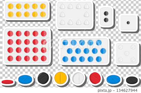 Big colored set different types of pills inside close blister Big colored set different types of pills inside close blister 134627944