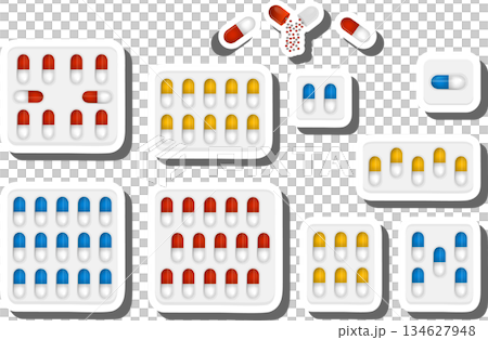 Big colored set different types of pills inside close blister Big colored set different types of pills inside close blister 134627948