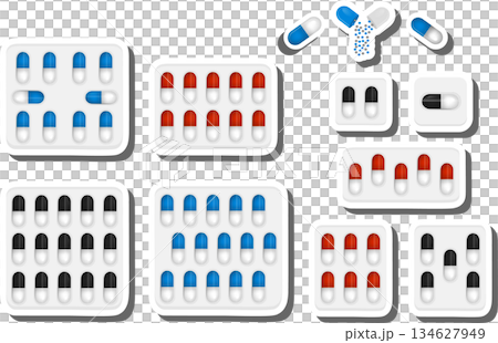 Big colored set different types of pills inside close blister 134627949