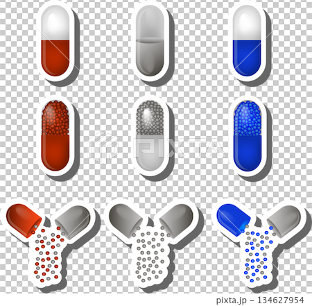 Big colored set different types of pills inside close blister 134627954