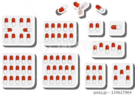 Big colored set different types of pills inside close blister 134627964