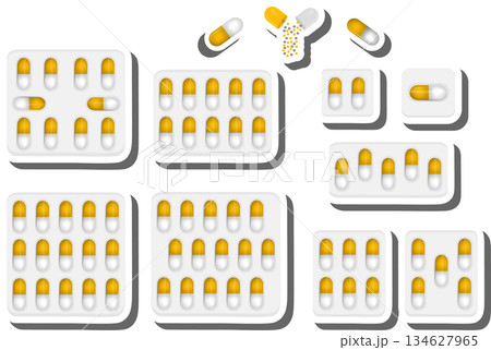 Big colored set different types of pills inside close blister 134627965