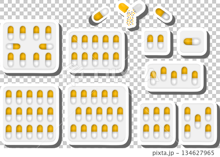 Big colored set different types of pills inside close blister 134627965
