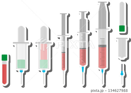 Big colored set different types of syringes, needles for hospital Big colored set different types of syringes, needles for hospital 134627988