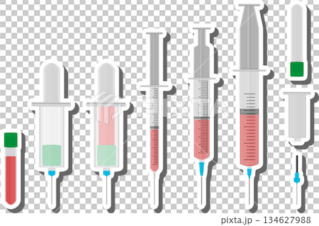 Big colored set different types of syringes, needles for hospital Big colored set different types of syringes, needles for hospital 134627988