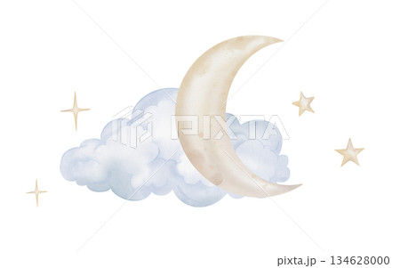 Composition with hand drawn watercolor illustration of the yellow beige moon with stars and blue clouds for nursery wall art in light pastel color. Sky for dreamy atmosphere for kids design. Composition with hand drawn watercolor illustration of the yellow beige moon with stars and blue clouds for nursery wall art in light pastel color. Sky for dreamy atmosphere for kids design. 134628000