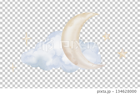 Composition with hand drawn watercolor illustration of the yellow beige moon with stars and blue clouds for nursery wall art in light pastel color. Sky for dreamy atmosphere for kids design. Composition with hand drawn watercolor illustration of the yellow beige moon with stars and blue clouds for nursery wall art in light pastel color. Sky for dreamy atmosphere for kids design. 134628000
