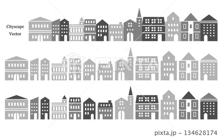 シンプルなモノクロの街並みのイラスト素材セット ベクター 家 白背景 134628174