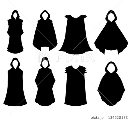 Collection of fantasy cloak vector silhouettes with hoods and capes. Minimal black shapes in flat style. 134628188