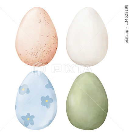 Set of pastel Easter eggs, isolated watercolor clipart. Hand drawn holiday illustration for Easter designs, spring decorations, greeting cards, packaging, children projects and seasonal branding. 134628199