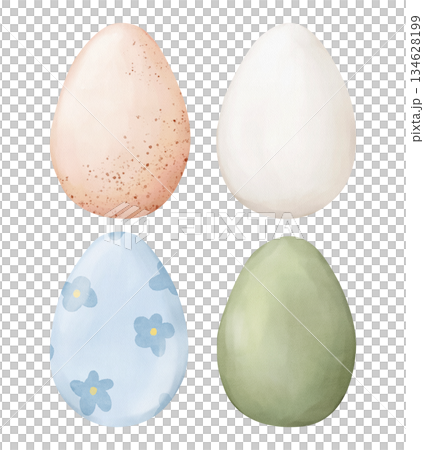 Set of pastel Easter eggs, isolated watercolor clipart. Hand drawn holiday illustration for Easter designs, spring decorations, greeting cards, packaging, children projects and seasonal branding. 134628199
