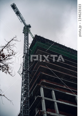 Construction Site with Crane Under Cloudy Sky Construction Site with Crane Under Cloudy Sky 134628383