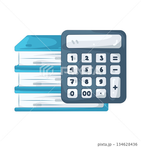 Illustration of stacked books with calculator  134628436