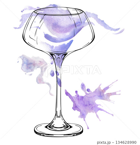 Classic Aviation cocktail in coupe glass, violet and lavender tones, ink outline with watercolor wash, splash and splatter. Hand drawn illustration for menus, recipe layouts, and drink pattern sets. 134628990