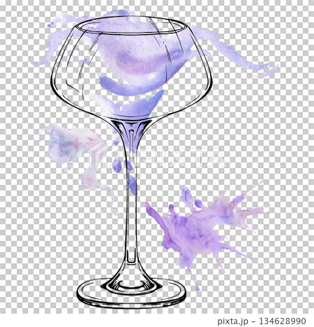 Classic Aviation cocktail in coupe glass, violet and lavender tones, ink outline with watercolor wash, splash and splatter. Hand drawn illustration for menus, recipe layouts, and drink pattern sets. 134628990