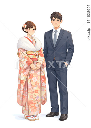 成人式 白背景 全身 振袖の女性とスーツの男性 二人 成人式 白背景 全身 振袖の女性とスーツの男性 二人 134628995