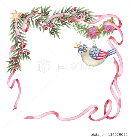 Christmas frame with wavy pink ribbon and cute bird bauble in square shape in hand painted watercolor. Pink and green create a soft winter look. Perfect for festive wreath template and card design. Christmas frame with wavy pink ribbon and cute bird bauble in square shape in hand painted watercolor. Pink and green create a soft winter look. Perfect for festive wreath template and card design. 134629052
