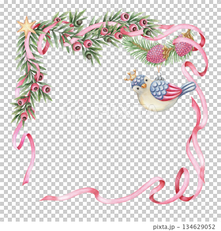 Christmas frame with wavy pink ribbon and cute bird bauble in square shape in hand painted watercolor. Pink and green create a soft winter look. Perfect for festive wreath template and card design. Christmas frame with wavy pink ribbon and cute bird bauble in square shape in hand painted watercolor. Pink and green create a soft winter look. Perfect for festive wreath template and card design. 134629052
