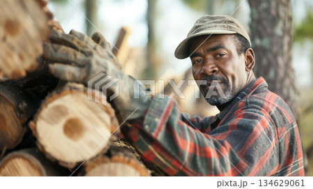 Man in a plaid shirt and cap stacking cut logs in a forest, with a focused expression and a backdrop of trees. 134629061